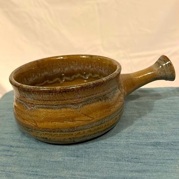 Pottery Soup Stew Bowl with Flared Handle Small Brown & Blue Hand Built Art - Picture 1 of 8